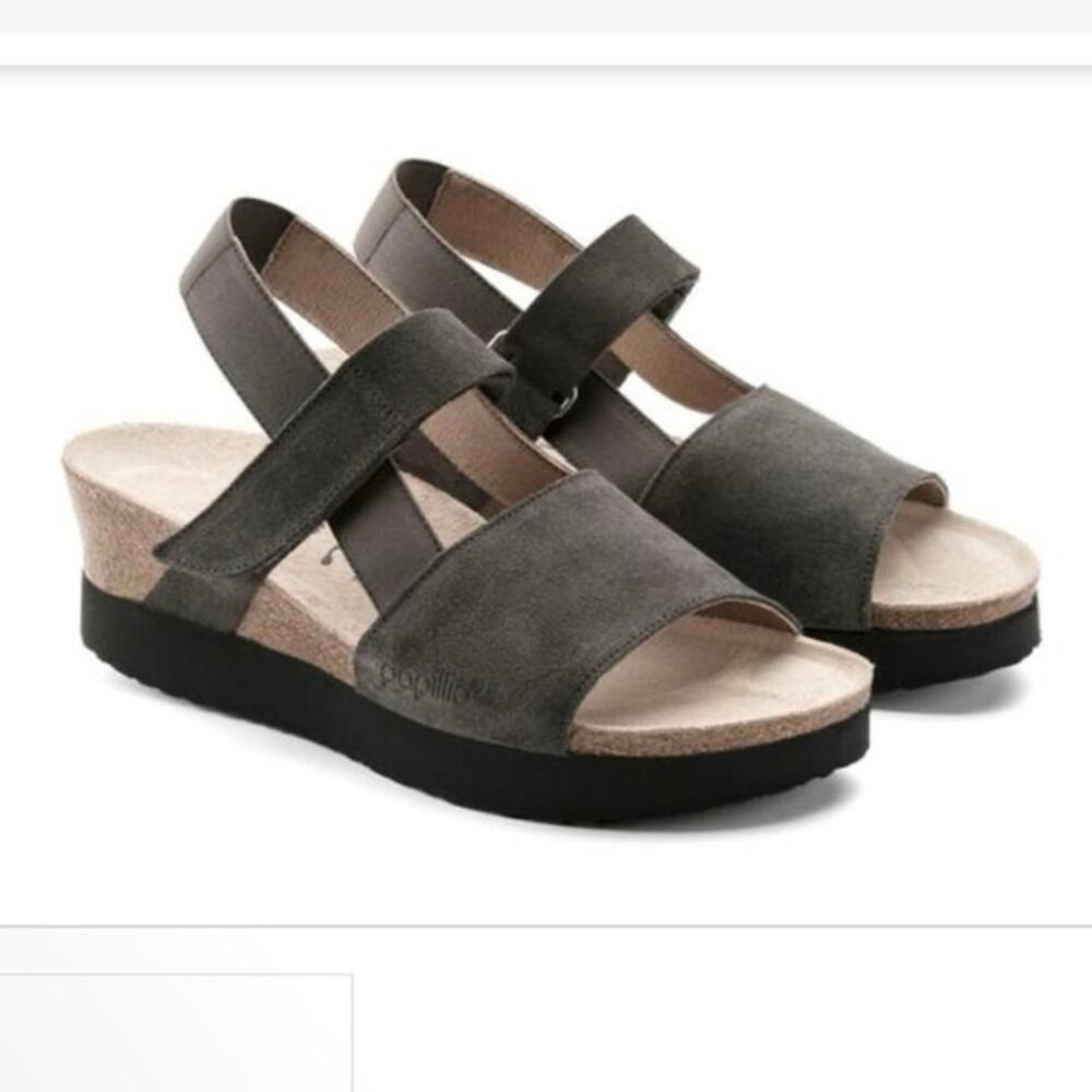 NEW PAPILLIO BIRKENSTOCK Women's 38 N US 7 Linda Wedge Sandal Strap Gray Leather